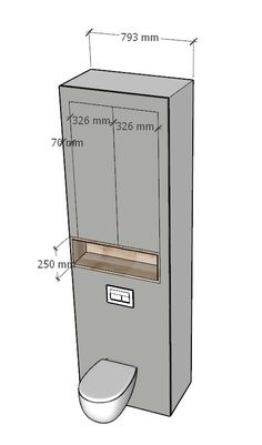 a bathroom with a toilet and a cabinet next to the wall, measurements are shown