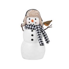 a snowman with a hat, scarf and two birds on it's nose