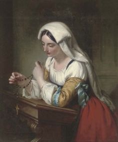 a painting of a woman sitting at a table with beads in her hand and wearing a white headdress