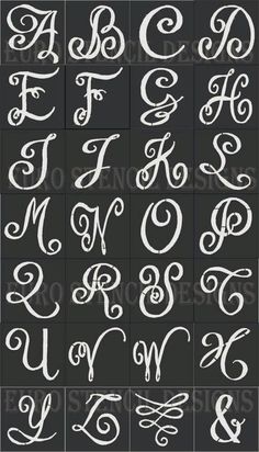 the alphabets and numbers are drawn in white ink on black paper, with swirly letters