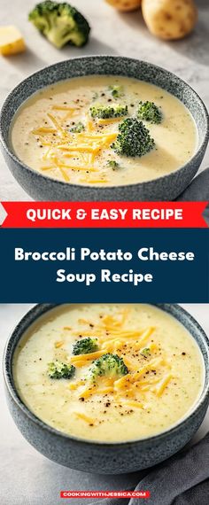 broccoli potato cheese soup recipe in two bowls