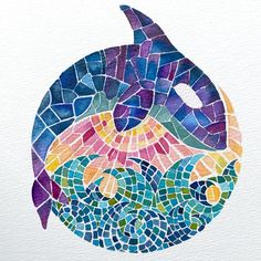 a painting of a fish made out of colorful tiles