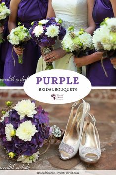 purple bridal bouquets and bridesmaid shoes with the words, purple bridal bouquet