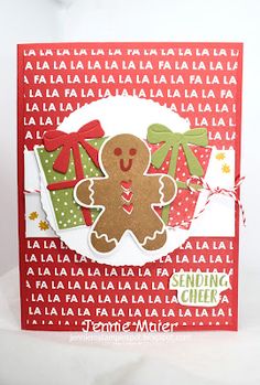 a christmas card with a ginger on the front and words underneath it that read, sending cheer