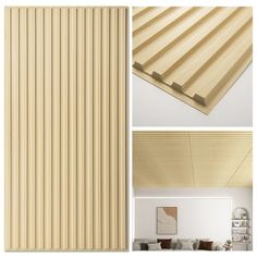 three different views of a room with wooden slats