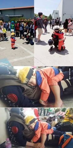 several pictures of people in different outfits and one is laying on the ground with his head down