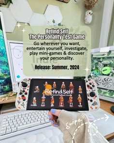 someone is holding up a video game with the caption behind it that reads, reinigt set the personality test game go wherever you want, entertain yourself, play mini games & discovery