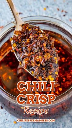 A spoonful of the delicious Chili Crisp. Chili Crisp Recipe, Spicy Chili Crisp, Spicy Chili Oil, Chili Oil Recipe, Chili Pepper Recipes, How To Make Chili, Chili Crisp, Crunch Recipe, Cuban Cuisine