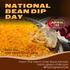 the national bean dip day flyer is shown with cheese and bread on it, along with grapes