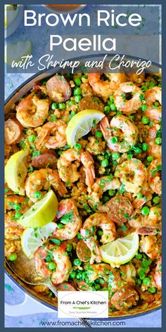 brown rice paella with shrimp and carrots in a skillet