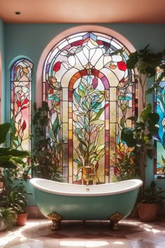 Serene Bathroom Retreat with Elegant Stained Glass Interior Design Statement Wall In Bathroom, Bathroom Full Of Plants, Fantasy Bathroom Ideas, Tempered Glass Wall Art, Botanical Decor Ideas, Botanical Bathroom Ideas, Nature Bathroom Ideas, Tub Nook, Green Bathroom Aesthetic