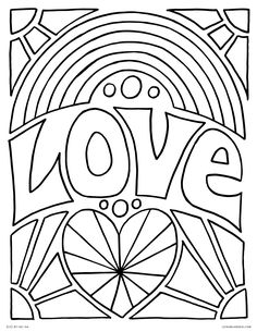 a coloring page with the word love surrounded by circles and rainbows in black and white