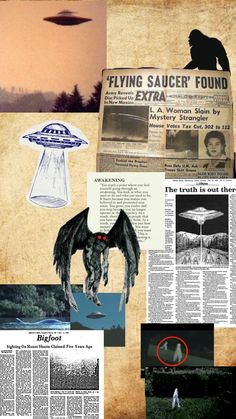 a collage of photos and text about flying saucer found in the sky