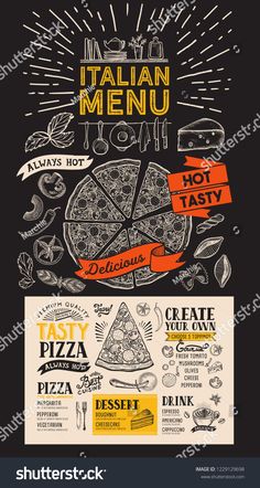 an italian menu with pizza and other food items on the blackboard, in retro style