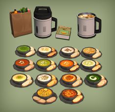 a bunch of food that is sitting in front of a blender and some paper bags