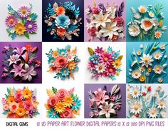 paper art flower bouquets are displayed in different colors and sizes, including pink, blue,