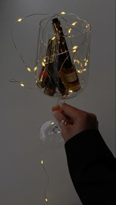 a hand holding a wine glass with some bottles in it and string lights on the side