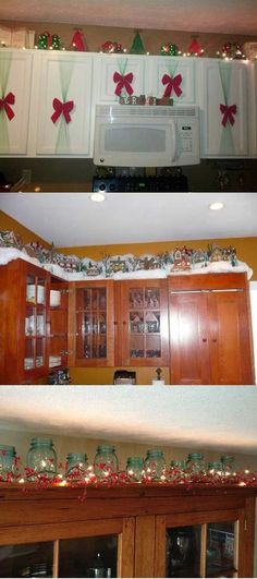 christmas decorations are hanging on the kitchen cabinets and above the stove top, below the microwave