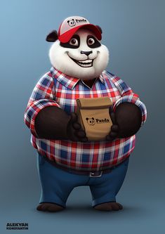 an animated panda holding a pizza box