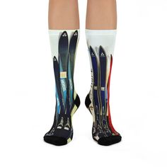 These cool socks are a one-size-fits-all solution up to a men’s size 12. The base color is white with black on the toes and heel. The construction is 73% polyester, 18% nylon, 6% spandex, and 3% cotton.The Artwork for the socks was made with love and uniquely designed by SKI STUFF.- 200 needle knit premium socks- Cushioned bottoms- Material: 73% polyester, 18% nylon, 3% cotton, 6% spandex- One size: comfortably fits women's size 5 US up to men's size 12 USPlease note, sock colors may vary due to Vintage Skis, Printed Socks, Ski Gifts, Ski Socks, Fun Socks, Ski Accessories, Vintage Ski, Skis, Cool Socks