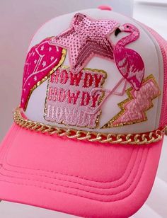 Howdy Trucker Hat With Patches Pink Flamingo Western Hat Sequin Star Custom Trucker Cap Trendy Design for Women Fun and Stylish Accessory - Etsy Barbie Trucker Hat, Designer Trucker Hat, Pink Cap With Patches, Hat Patches Design, Trucker Hat Designs With Patches, Trucker Hat Bar Ideas, Custom Trucker Hats Patches, Patch Trucker Hat Ideas, Trucker Hats With Patches