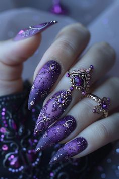 Witchy Nails, Purple Nail Art, Gothic Nails, Fancy Nails Designs, Goth Nails, Purple Nail, Trendy Nail Design, Cute Nail Designs