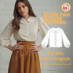 an image of a woman wearing a blouse and skirt with the text peter pan blouse pattern