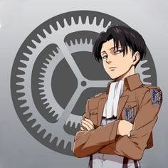 an anime character is standing with his arms crossed in front of a large gear wheel