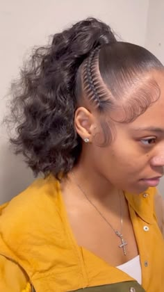 Vday Hair Styles Braids, Two Braids To Ponytail, Sleek Weave Ponytail Hairstyles, 1 Week Hairstyles Black, Hairstyles For Black Women Braids Weave, Weave Cornrows Hairstyles, Ponytail With Braid On The Side, Slick Back Curly Ponytail Natural Hair, Birthday Hairstyles For Black Women Ponytails