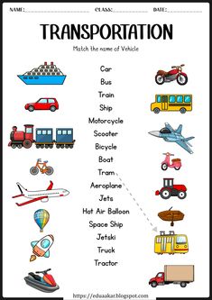 transportation worksheet with pictures and words to help kids learn how to read the transport