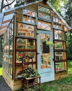 a small greenhouse with lots of windows and plants in the front window, on top of grass