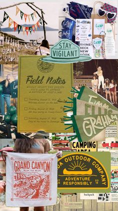 collage of vintage signs and advertisements for camping