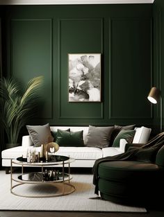 Modern Dark Green Living Room with White Furniture Green Walls Living Room, Green Living Room Decor, Green Living Room, Room Green, Green Walls