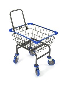 a shopping cart with wheels and blue handles