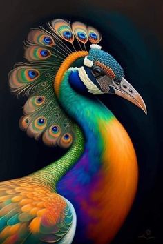 a painting of a peacock with multicolored feathers on it's head and tail