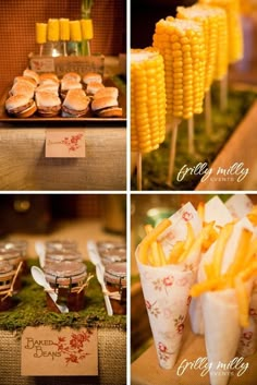 corn on the cob and other food items at a wedding or baby shower party