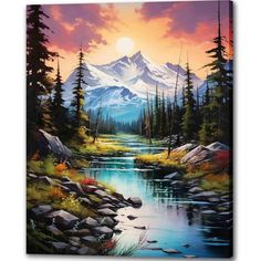 a painting of a mountain and river at sunset