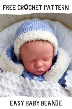 a baby wearing a blue and white knitted hat with text overlay that reads free crochet pattern easy baby beanie