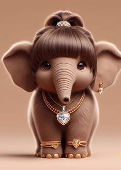 an elephant with a diamond necklace on it's neck and ears, standing in front of a brown background