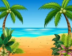 a beach scene with palm trees and the ocean