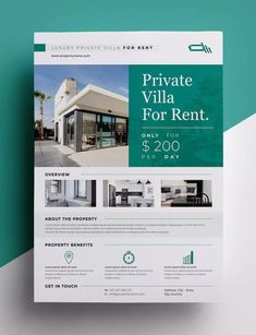 a real estate flyer is shown on a green and white background with the words private villa for rent