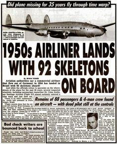 an old newspaper advertisement for the airliner lands with 92 skeletons on board, featuring a plane