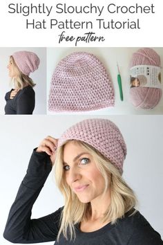 a woman wearing a pink crochet hat with text overlay that says, slightly slouchy crochet hat pattern