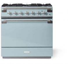 a blue stove with four burners and two ovens on the front, one is empty