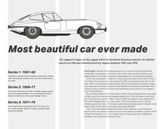 an advertisement for the most beautiful car ever made, featuring a white sports car with black lettering