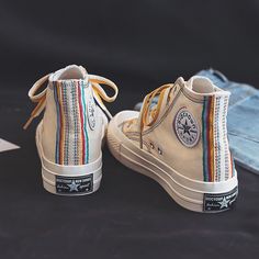 ATTENTION: This shoes size is undersized, please choose one or two sizes bigger than your usual size. For example, if your usual size is 37, then you should choose size 38 or 39. Boty Converse, Converse Haute, Cute Converse, Dr Shoes, Rainbow Shoes, Pose Fotografi, Embroidered Shoes, Hype Shoes, Aesthetic Shoes