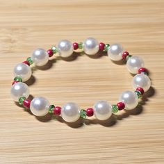Christmas Beaded Bracelet Handmade By Me Faux Pearls, Glass Crystals & Seed Beads 7.25" Length New Christmas Bracelet Beads, Handmade Christmas Jewelry, Christmas Bracelet Diy, Beaded Christmas Bracelets, Winter Beaded Jewelry, Holiday Beaded Bracelets, Christmas Bead Bracelets Diy, Christmas Seed Bead, Christmas Beads Bracelet