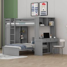 a gray bunk bed with desk underneath it