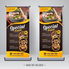 two roll up banners for a restaurant with food and chopsticks on the side