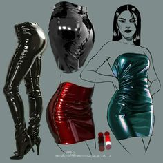 three different images of women in latex clothing and high heeled boots, one is wearing